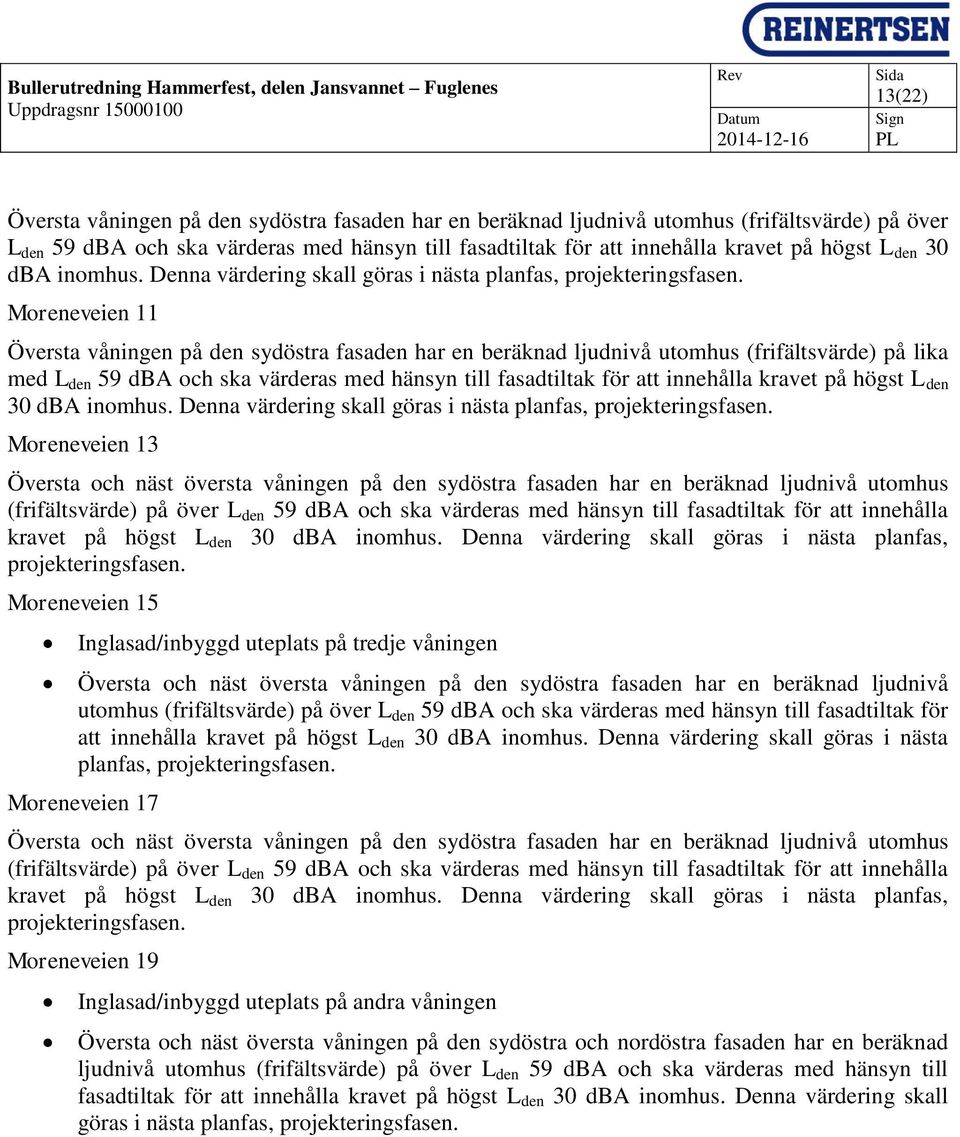 Moreneveien 11 Översta våningen på den sydöstra fasaden har en beräknad ljudnivå utomhus (frifältsvärde) på lika med L den 59 dba och ska värderas med hänsyn till fasadtiltak för att innehålla kravet