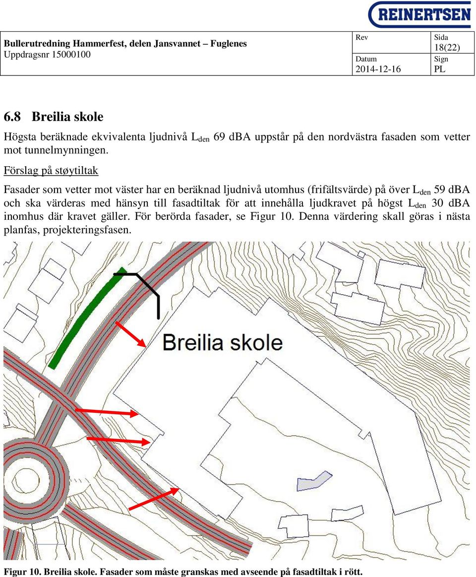 hänsyn till fasadtiltak för att innehålla ljudkravet på högst L den 30 dba inomhus där kravet gäller. För berörda fasader, se Figur 10.