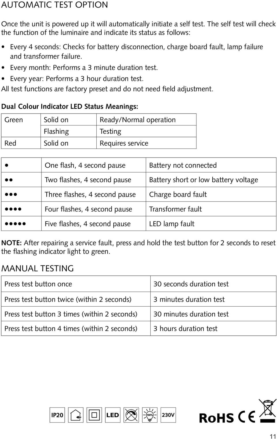 Every month: Performs a 3 minute duration test. Every year: Performs a 3 hour duration test. All test functions are factory preset and do not need field adjustment.