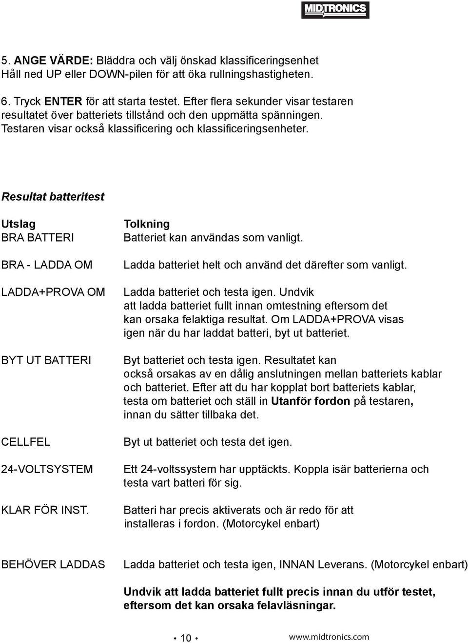 Resultat batteritest Utslag BRA BATTERI BRA - LADDA OM LADDA+PROVA OM BYT UT BATTERI CELLFEL 24-VOLTSYSTEM KLAR FÖR INST. Tolkning Batteriet kan användas som vanligt.