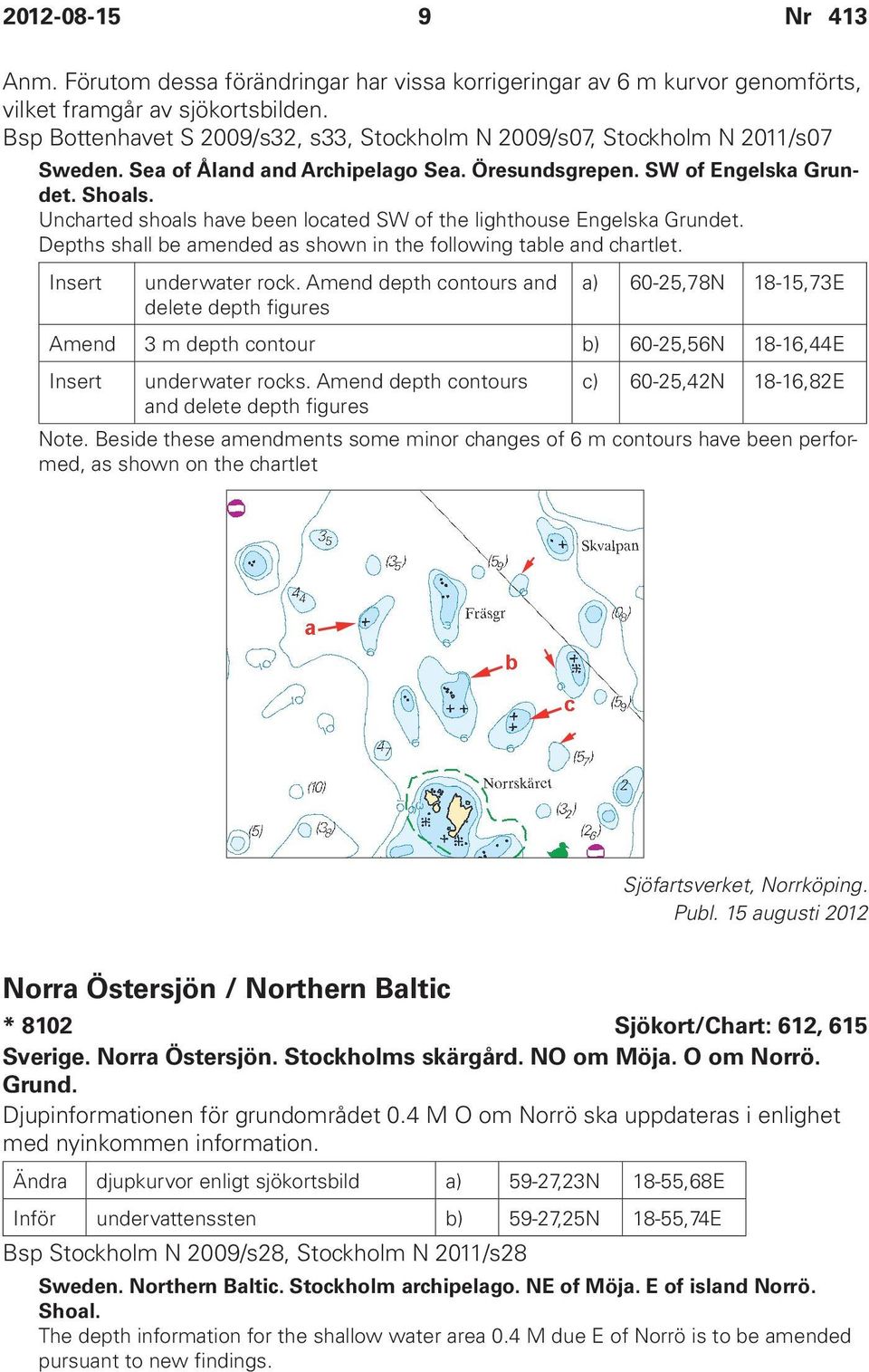 Uncharted shoals have been located SW of the lighthouse Engelska Grundet. Depths shall be amended as shown in the following table and chartlet. Insert underwater rock.