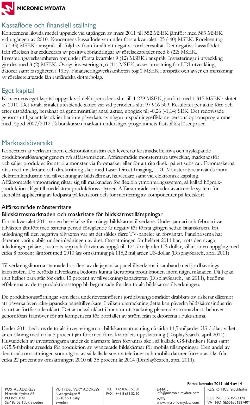 Det negativa kassaflödet från rörelsen har reducerats av positiva förändringar av rörelsekapitalet med 8 (22) MSEK. Investeringsverksamheten tog under första kvartalet 9 (12) MSEK i anspråk.