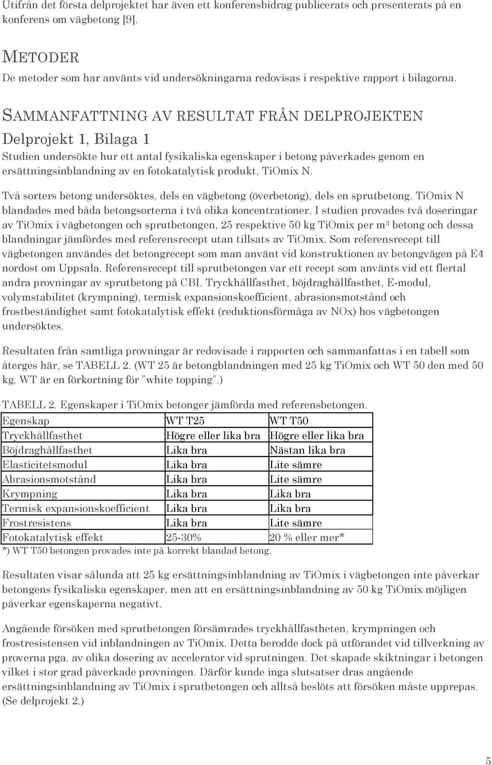 SAMMANFATTNING AV RESULTAT FRÅN DELPROJEKTEN Delprojekt 1, Bilaga 1 Studien undersökte hur ett antal fysikaliska egenskaper i betong påverkades genom en ersättningsinblandning av en fotokatalytisk