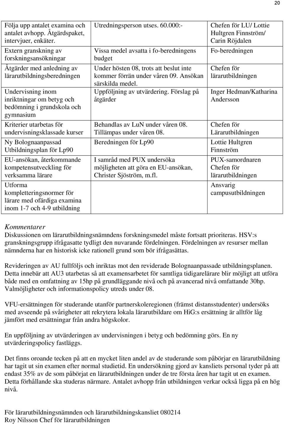 för undervisningsklassade kurser Ny Bolognaanpassad Utbildningsplan för Lp90 EU-ansökan, återkommande kompetensutveckling för verksamma lärare Utforma kompletteringsnormer för lärare med ofärdiga