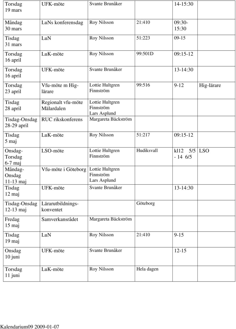 Tisdag 5 maj Onsdag- Torsdag 6-7 maj Måndag- Onsdag 11-13 maj Tisdag 12 maj Tisdag-Onsdag 12-13 maj Fredag 15 maj Tisdag 19 maj Onsdag 10 juni Torsdag 11 juni Regionalt vfu-möte Mälardalen RUC