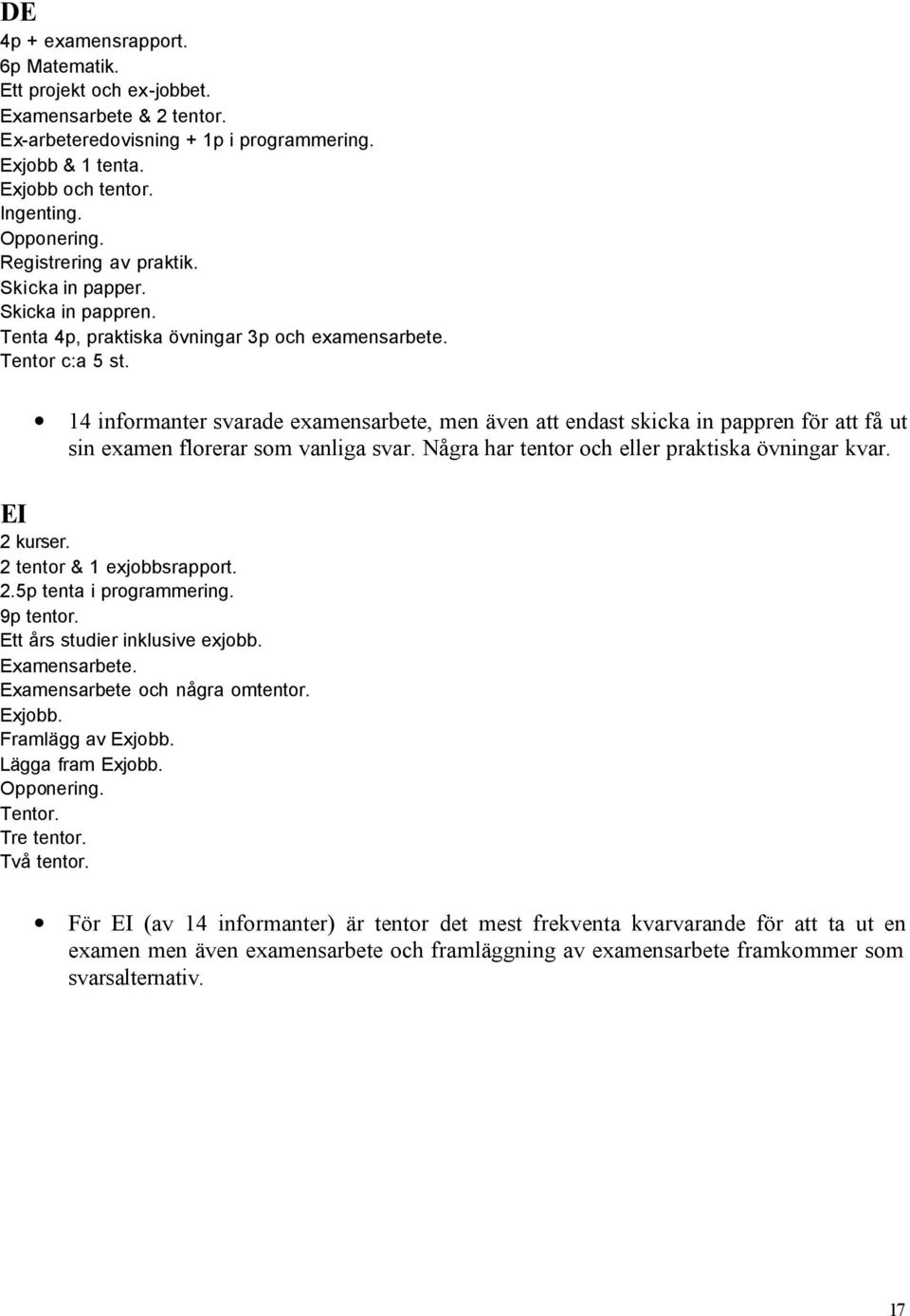 14 informanter svarade examensarbete, men även att endast skicka in pappren för att få ut sin examen florerar som vanliga svar. Några har tentor och eller praktiska övningar kvar. EI 2 kurser.