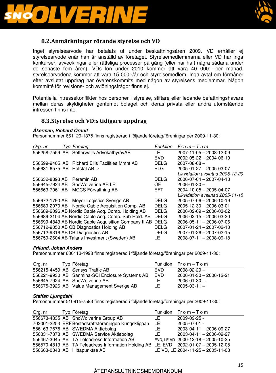 VDs lön under 2010 kommer att vara 40 000:- per månad, styrelsearvodena kommer att vara 15 000:-/år och styrelsemedlem.