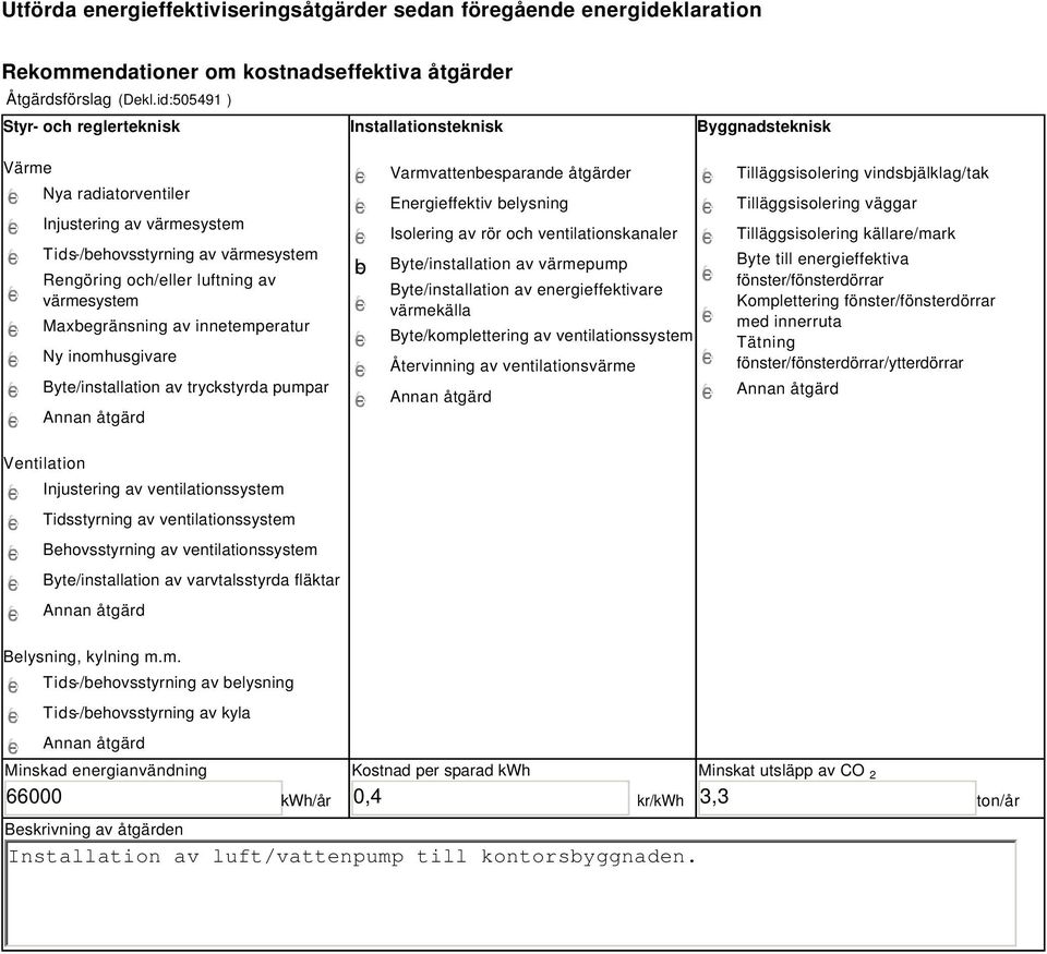 värmesystem Maxbegränsning av innetemperatur Ny inomhusgivare Byte/installation av tryckstyrda pumpar b Varmvattenbesparande åtgärder Energieffektiv belysning Isolering av rör och ventilationskanaler