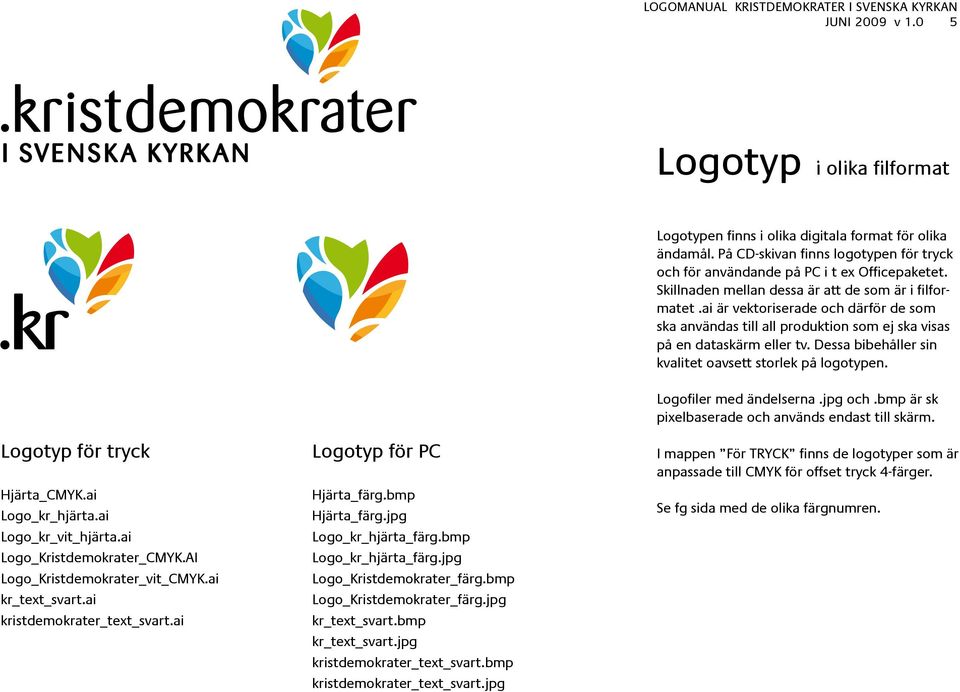 Dessa bibehåller sin kvalitet oavsett storlek på logotypen. Logotyp för tryck Hjärta_CMYK.ai Logo_kr_hjärta.ai Logo_kr_vit_hjärta.ai Logo_Kristdemokrater_CMYK.AI Logo_Kristdemokrater_vit_CMYK.