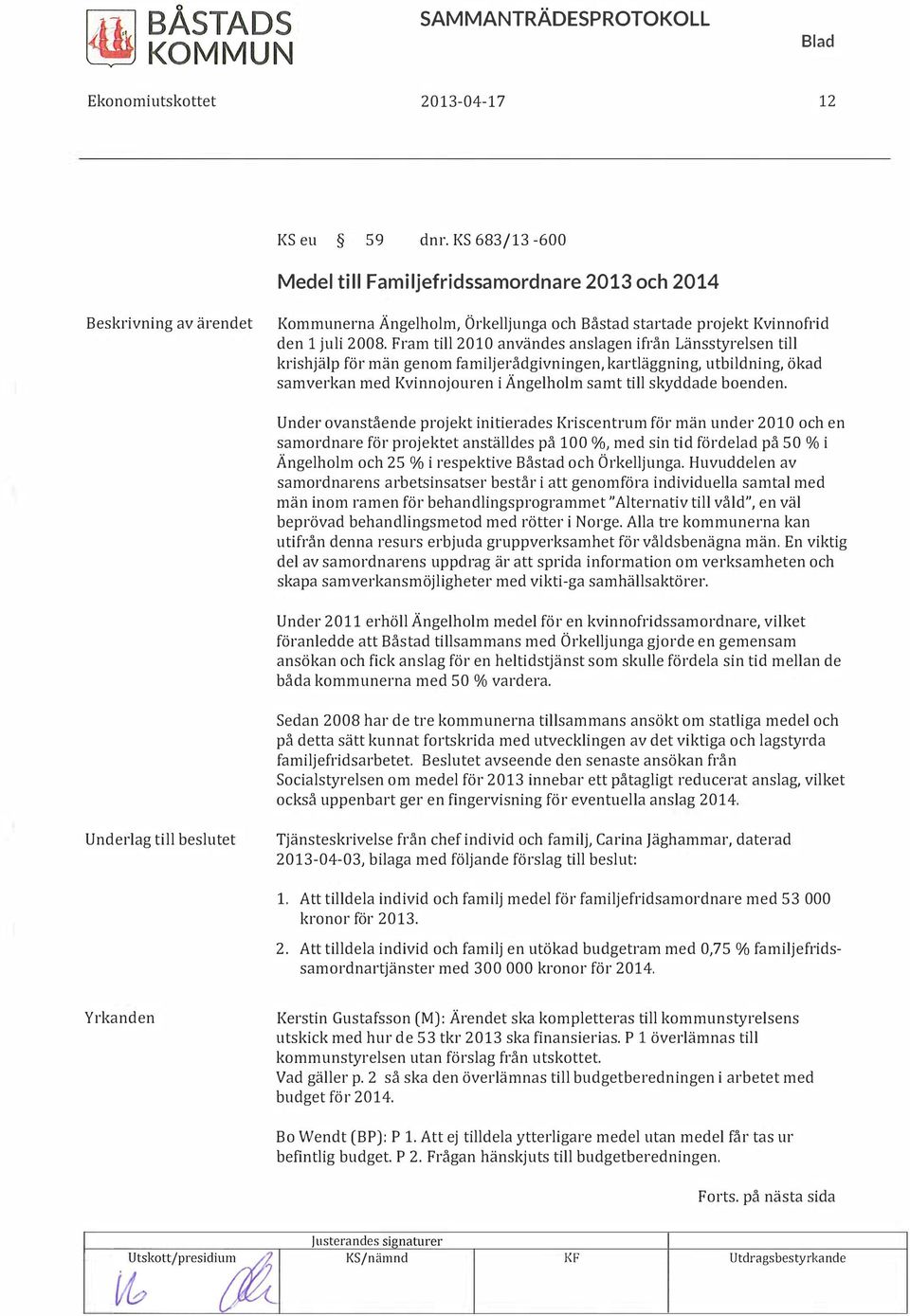 Fram till 2010 användes anslagen ifrån Länsstyrelsen till krishjälp för män genom familjerådgivningen, kartläggning, utbildning, ökad samverkan med Kvinnojouren i Ängelholm samt till skyddade boenden.