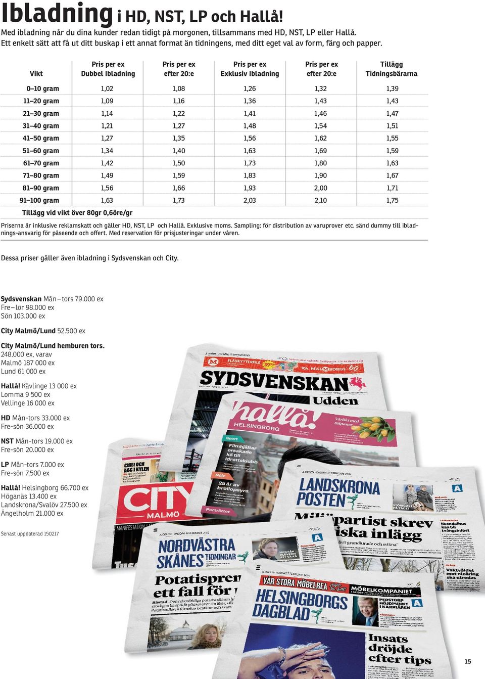 Pris per ex Dubbel Ibladning Pris per ex efter 20:e Pris per ex Exklusiv Ibladning Pris per ex efter 20:e Tillägg Tidningsbärarna 0 10 gram 1,02 1,08 1,26 1,32 1,39 11 20 gram 1,09 1,16 1,36 1,43