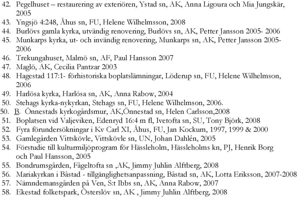 Trekungahuset, Malmö sn, AF, Paul Hansson 2007 47. Maglö, AK, Cecilia Pantzar 2003 48. Hagestad 117:1- förhistoriska boplatslämningar, Löderup sn, FU, Helene Wilhelmson, 2006 49.