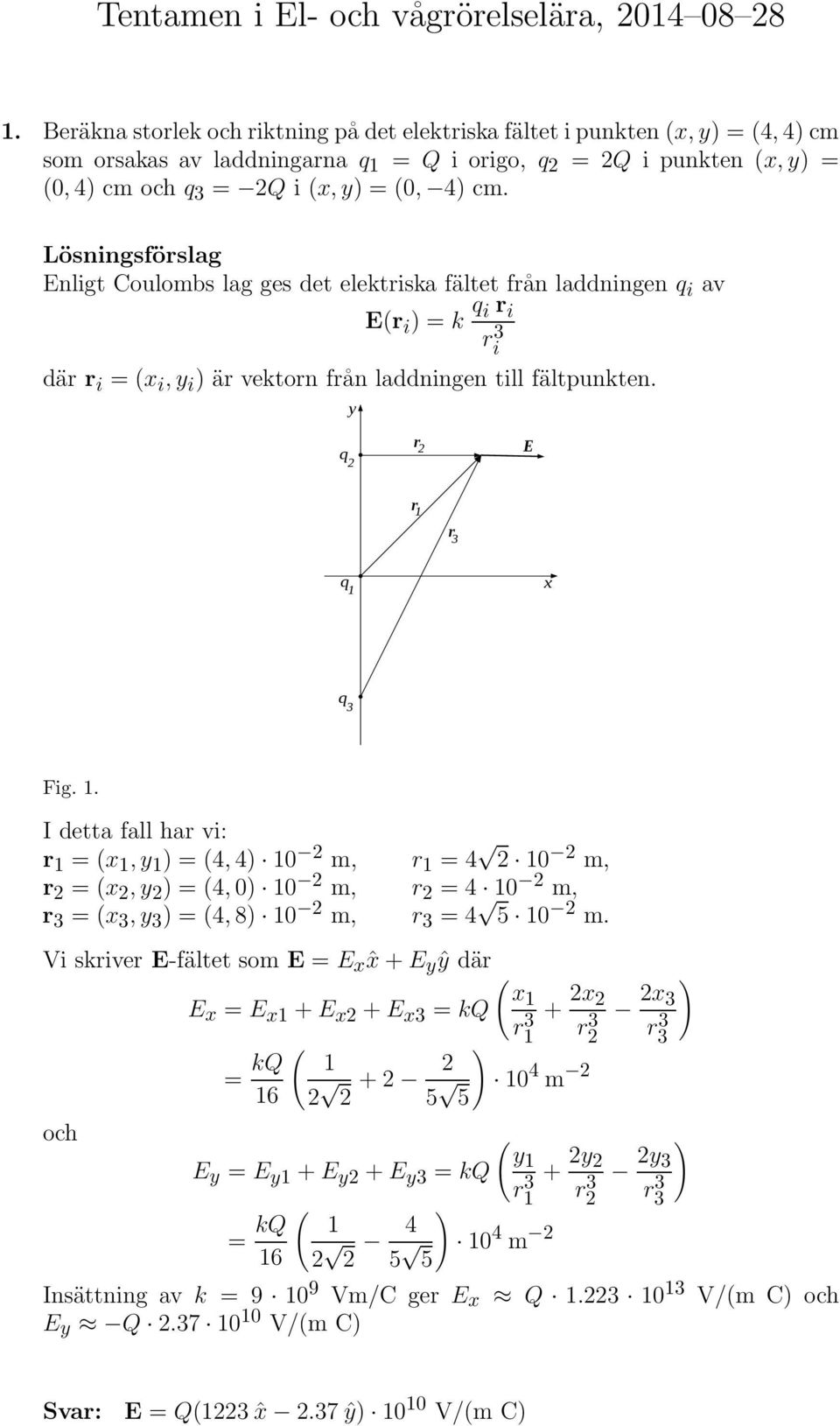 Enligt Coulombs lag ges det elektiska fältet fån laddningen q i av E( i ) = k q i i i dä i = (x i,y i ) ä vekton fån laddningen till fältpunkten. y q E q x q Fig.