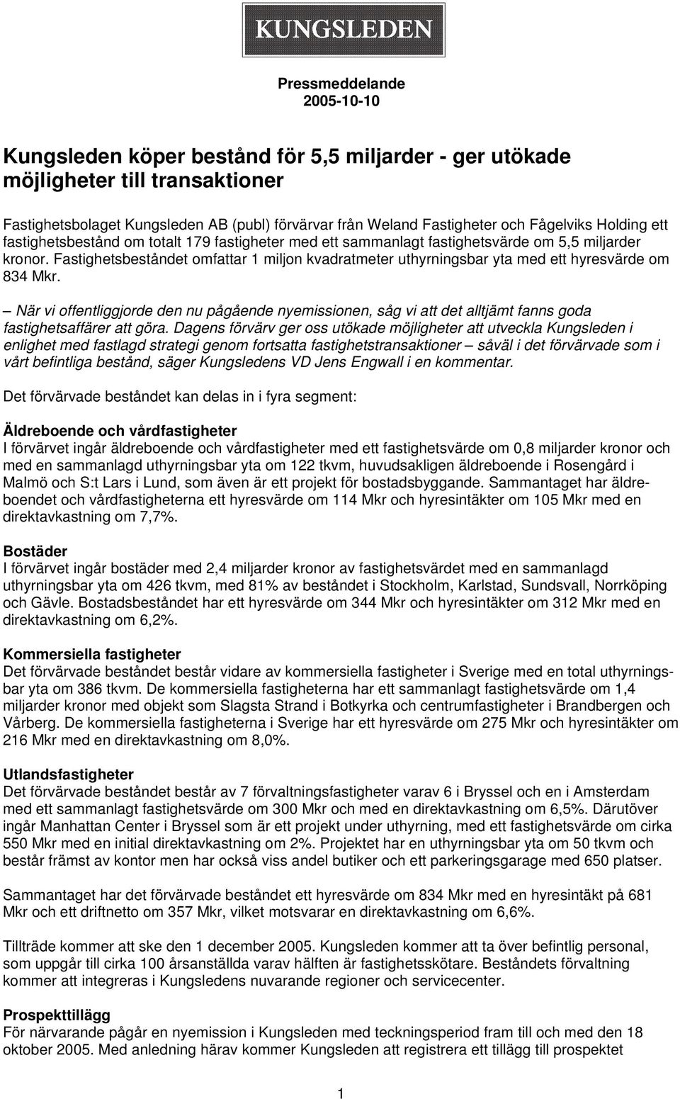 Fastighetsbeståndet omfattar 1 miljon kvadratmeter uthyrningsbar yta med ett hyresvärde om 834 Mkr.