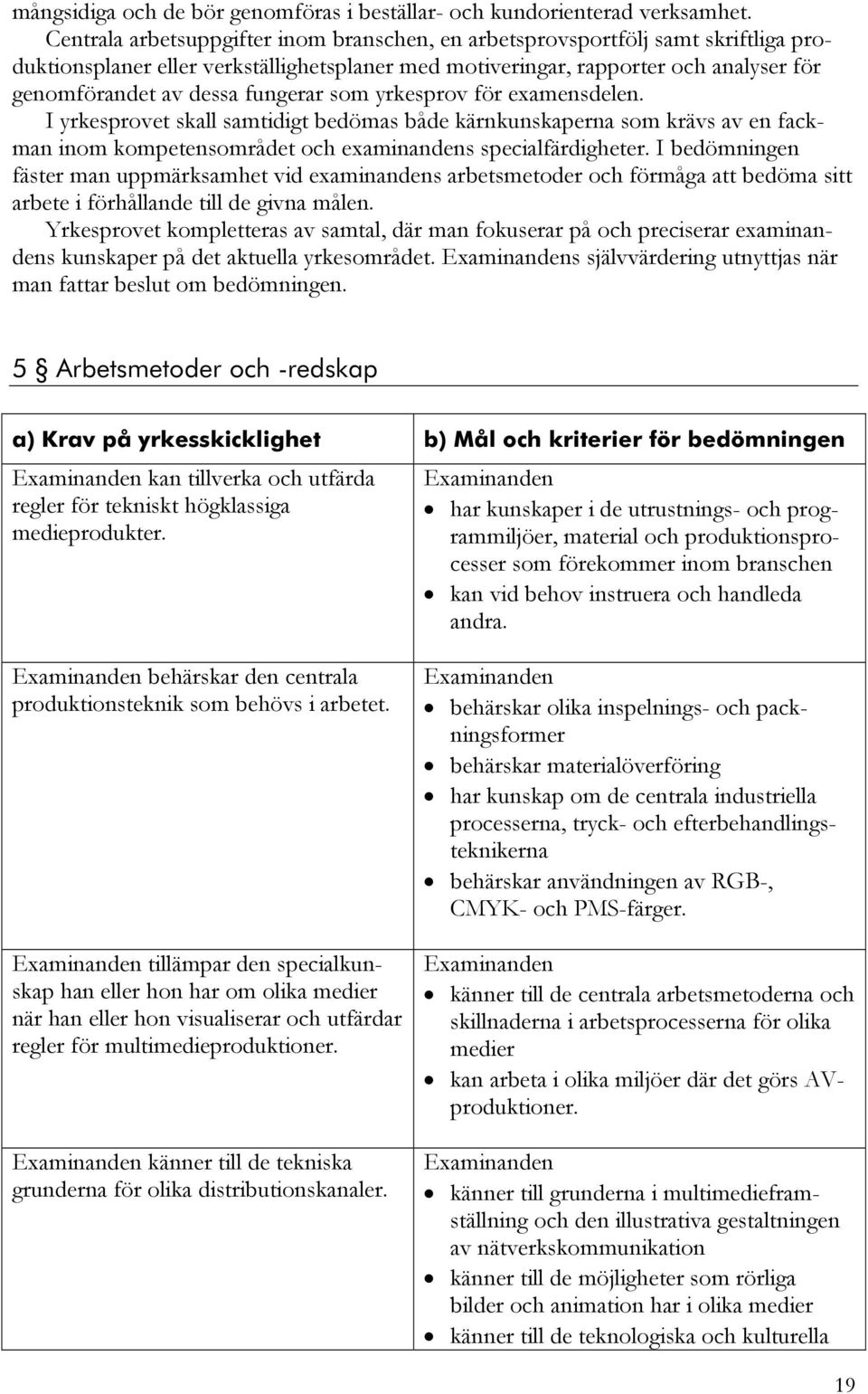 fungerar som yrkesprov för examensdelen. I yrkesprovet skall samtidigt bedömas både kärnkunskaperna som krävs av en fackman inom kompetensområdet och examinandens specialfärdigheter.