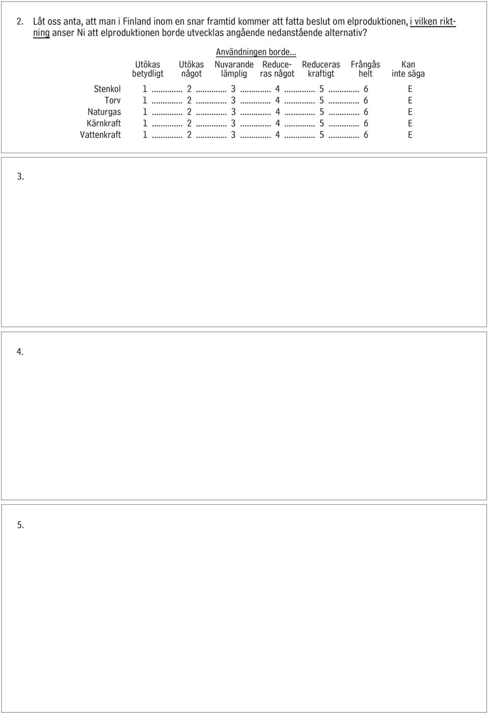 .. Nuvarande Reduceras lämplig något Reduceras kraftigt Frångås helt Kan inte säga Stenkol 1... 2... 3... 4... 5... 6 E Torv 1... 2... 3... 4... 5... 6 E Naturgas 1.