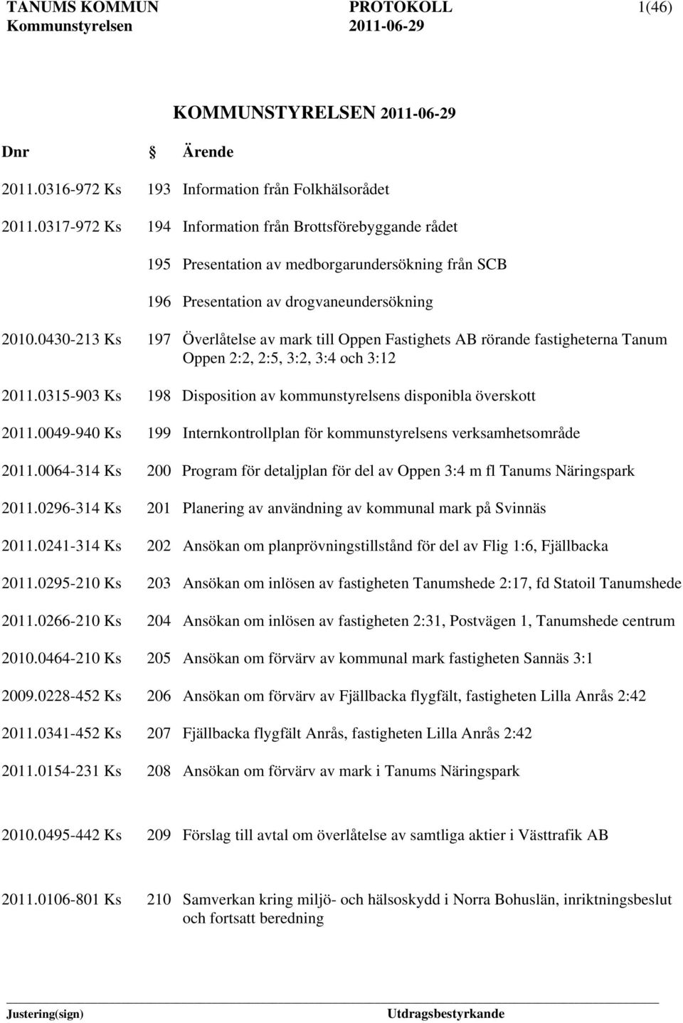 0430-213 Ks 197 Överlåtelse av mark till Oppen Fastighets AB rörande fastigheterna Tanum Oppen 2:2, 2:5, 3:2, 3:4 och 3:12 2011.