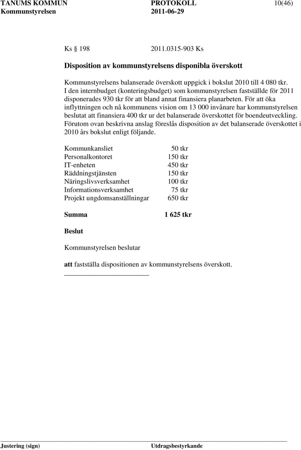 För att öka inflyttningen och nå kommunens vision om 13 000 invånare har kommunstyrelsen beslutat att finansiera 400 tkr ur det balanserade överskottet för boendeutveckling.