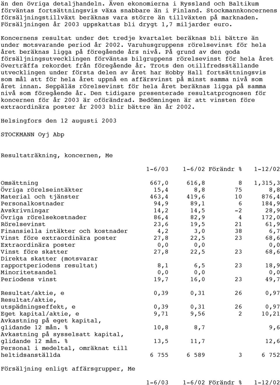 Koncernens resultat under det tredje kvartalet beräknas bli bättre än under motsvarande period år 2002. Varuhusgruppens rörelsevinst för hela året beräknas ligga på föregående års nivå.