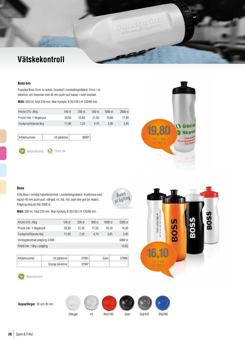 1-färgstryck 34,50 25,60 21,50 19,80 17,60 Tryckpris/följande färg 11,90 7,20 4,70 3,85 3,45 Artikelnummer Vit pärlemor 38001 19,80 Grönt val Boss Tuffa Boss i smidigt halvlitersformat.