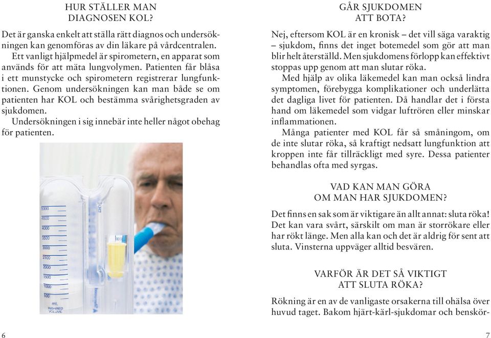 Genom undersökningen kan man både se om patienten har KOL och bestämma svårighetsgraden av sjukdomen. Undersökningen i sig innebär inte heller något obehag för patienten. GÅR SJUKDOMEN ATT BOTA?