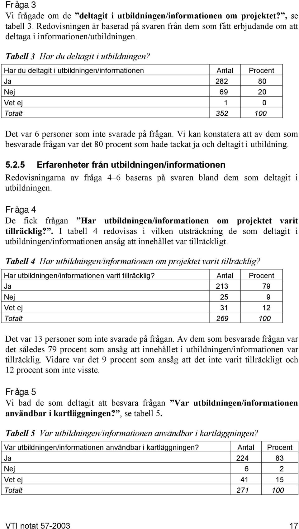 Vi kan konstatera att av dem som besvarade frågan var det 80 procent som hade tackat ja och deltagit i utbildning. 5.2.