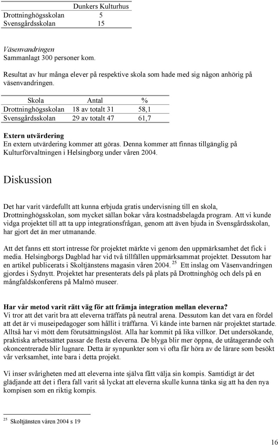 Skola Antal % Drottninghögsskolan 18 av totalt 31 58,1 Svensgårdsskolan 29 av totalt 47 61,7 Extern utvärdering En extern utvärdering kommer att göras.