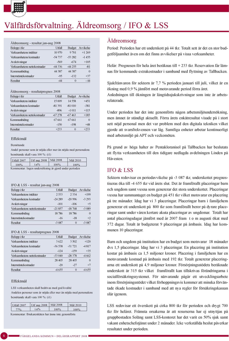 nettokostnader -44 336-44 255-81 Kommunbidrag 44 387 44 387 0 Internräntekostnader -95-132 +37 Resultat -44 0-44 Äldreomsorg - resultatprognos 2008 Verksamhetens intäkter 15 009 14 558 +451