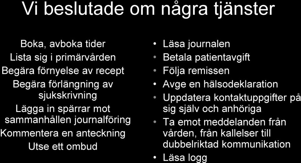 ombud Läsa journalen Betala patientavgift Följa remissen Avge en hälsodeklaration Uppdatera kontaktuppgifter