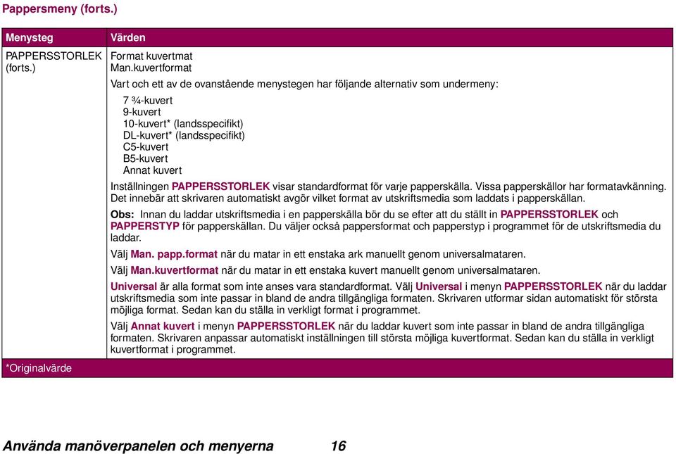 kuvert Inställningen PAPPERSSTORLEK visar standardformat för varje papperskälla. Vissa papperskällor har formatavkänning.