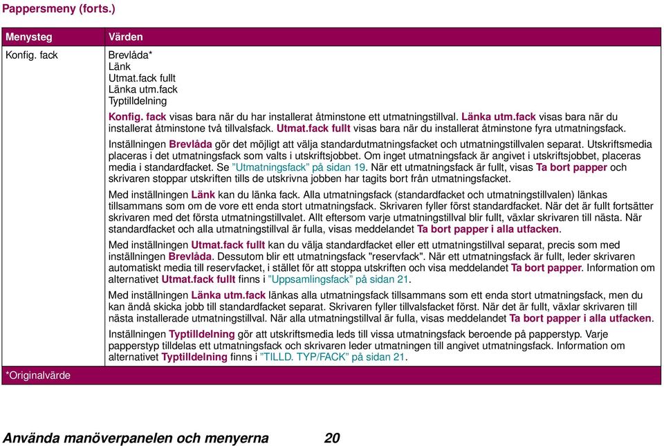 fack fullt visas bara när du installerat åtminstone fyra utmatningsfack. Inställningen Brevlåda gör det möjligt att välja standardutmatningsfacket och utmatningstillvalen separat.