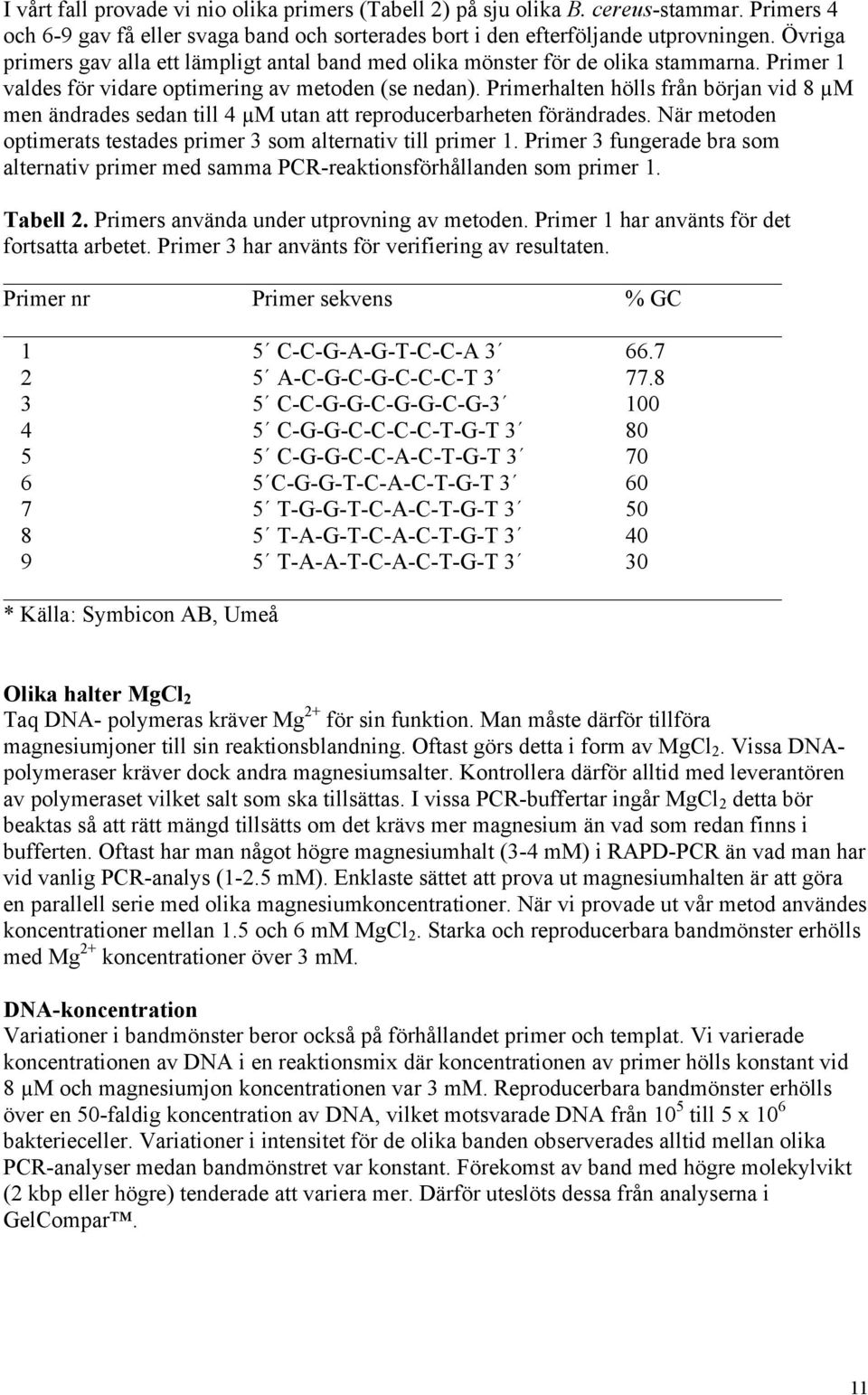 Primerhalten hölls från början vid 8 µm men ändrades sedan till 4 µm utan att reproducerbarheten förändrades. När metoden optimerats testades primer 3 som alternativ till primer 1.