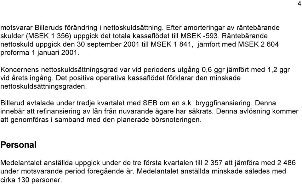 Koncernens nettoskuldsättningsgrad var vid periodens utgång 0,6 ggr jämfört med 1,2 ggr vid årets ingång. Det positiva operativa kassaflödet förklarar den minskade nettoskuldsättningsgraden.