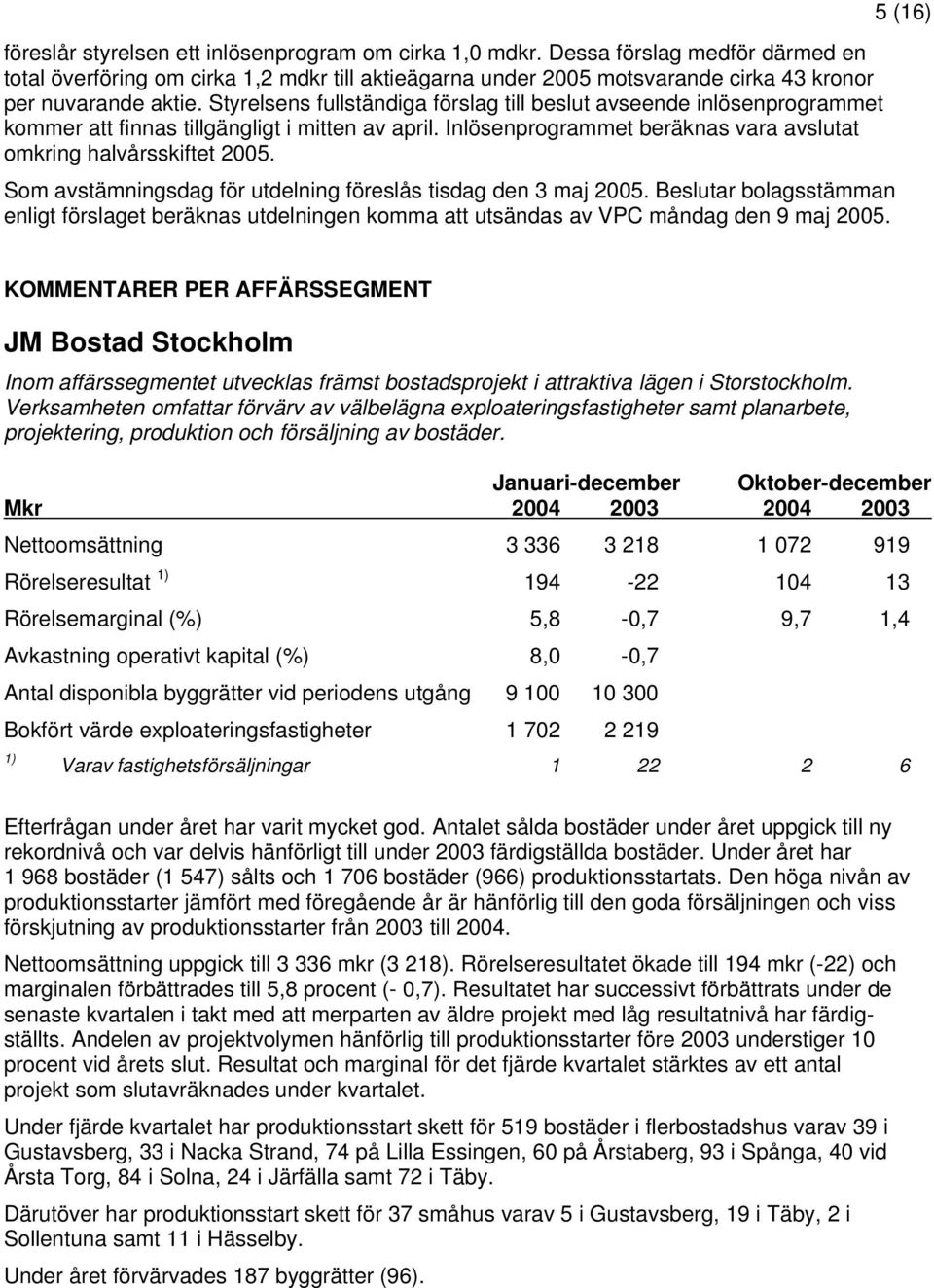 Som avstämningsdag för utdelning föreslås tisdag den 3 maj 2005. Beslutar bolagsstämman enligt förslaget beräknas utdelningen komma att utsändas av VPC måndag den 9 maj 2005.