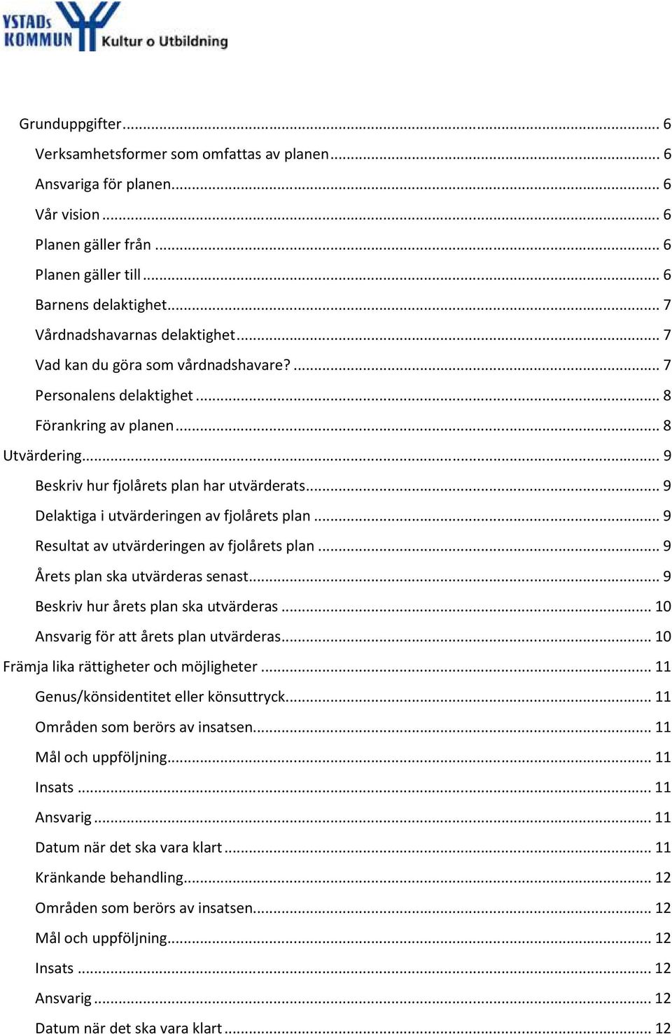 .. 9 Delaktiga i utvärderingen av fjolårets plan... 9 Resultat av utvärderingen av fjolårets plan... 9 Årets plan ska utvärderas senast... 9 Beskriv hur årets plan ska utvärderas.