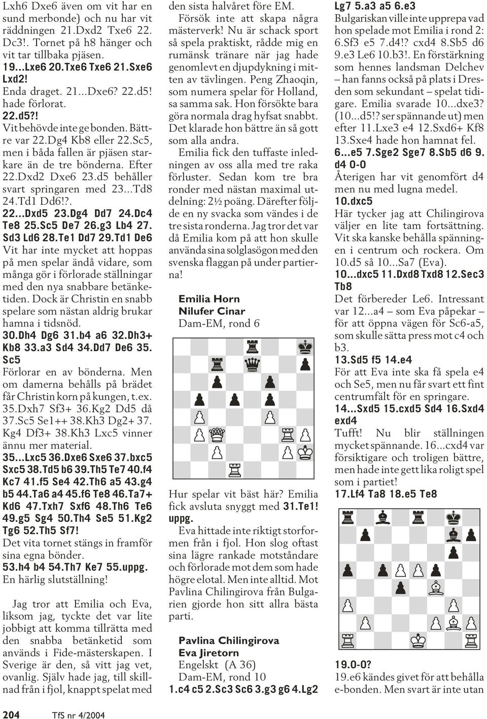 d5 behåller svart springaren med 23...Td8 24.Td1 Dd6!?. 22...Dxd5 23.Dg4 Dd7 24.Dc4 Te8 25.Sc5 De7 26.g3 Lb4 27. Sd3 Ld6 28.Te1 Dd7 29.