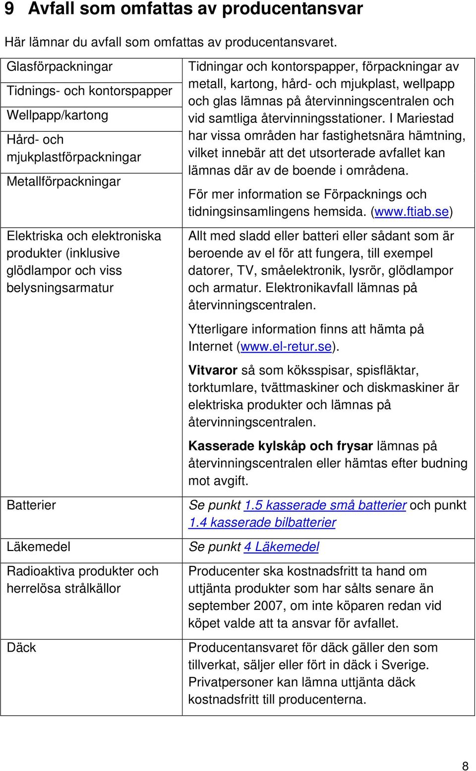 belysningsarmatur Batterier Läkemedel Radioaktiva produkter och herrelösa strålkällor Däck Tidningar och kontorspapper, förpackningar av metall, kartong, hård- och mjukplast, wellpapp och glas lämnas