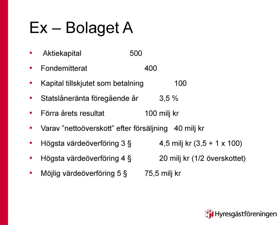 ettoöverskott efter försäljig 40 milj kr Högsta värdeöverförig 3 4,5 milj kr (3,5 +