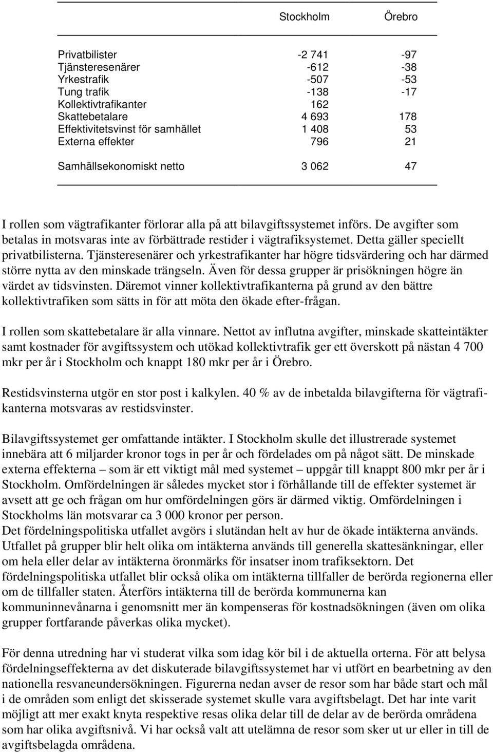 De avgifter som betalas in motsvaras inte av förbättrade restider i vägtrafiksystemet. Detta gäller speciellt privatbilisterna.