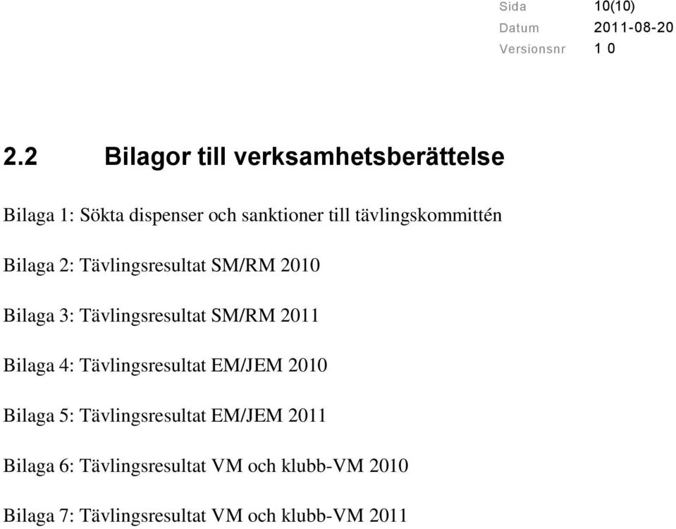 tävlingskommittén Bilaga 2: Tävlingsresultat SM/RM 2010 Bilaga 3: Tävlingsresultat SM/RM