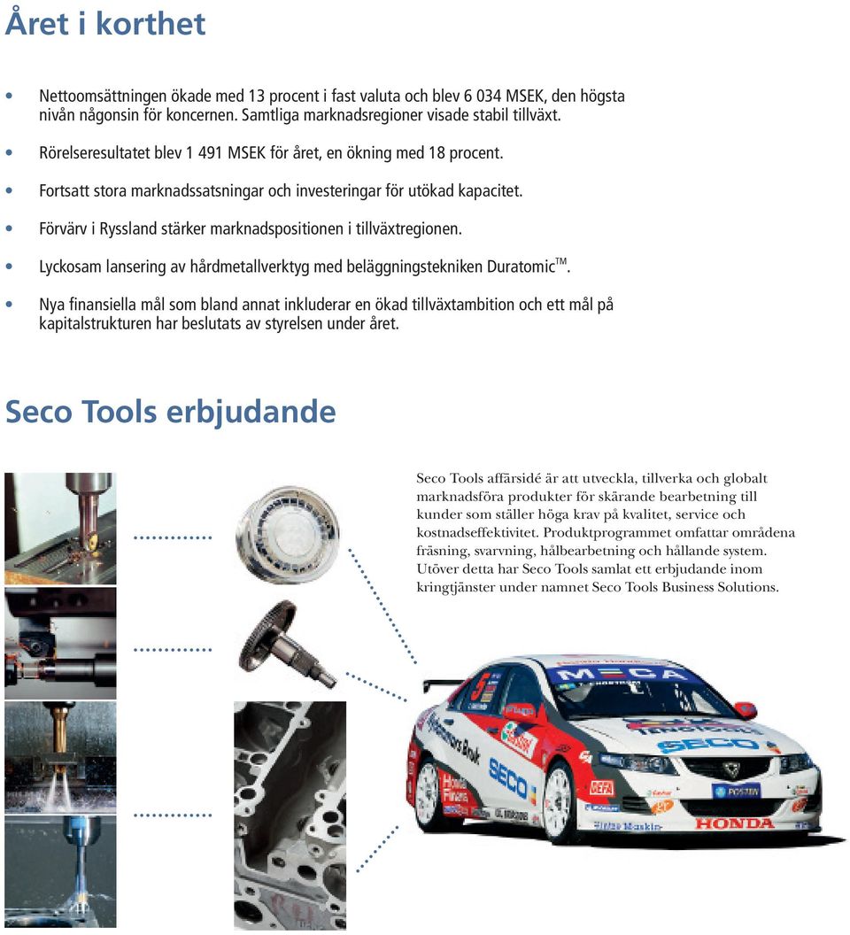 Förvärv i Ryssland stärker marknadspositionen i tillväxtregionen. Lyckosam lansering av hårdmetallverktyg med beläggningstekniken Duratomic TM.