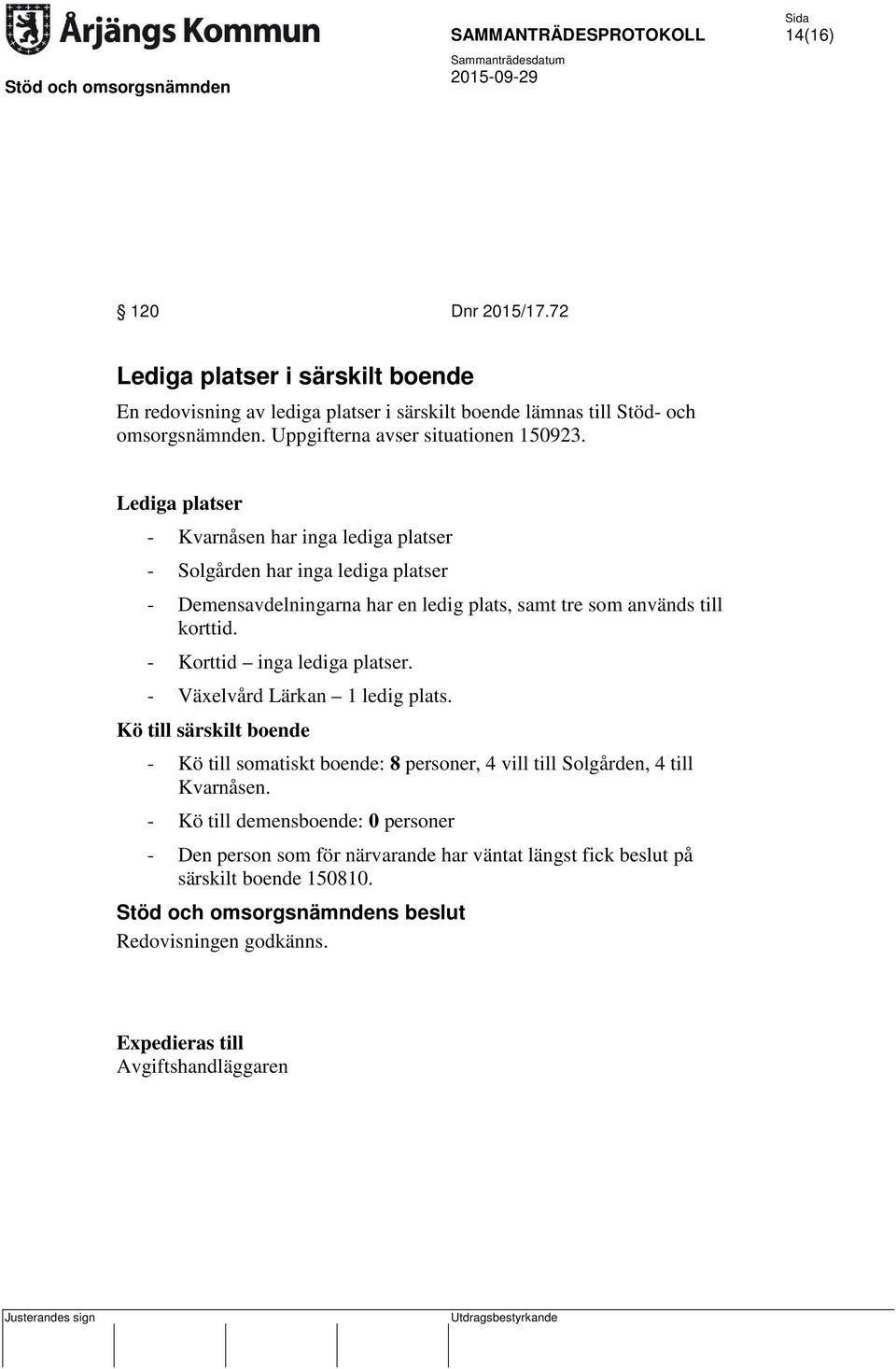 Lediga platser - Kvarnåsen har inga lediga platser - Solgården har inga lediga platser - Demensavdelningarna har en ledig plats, samt tre som används till korttid.