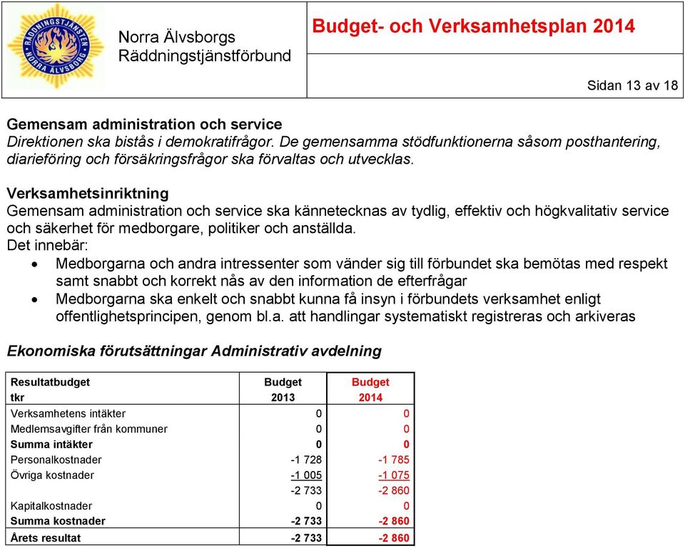 Verksamhetsinriktning Gemensam administration och service ska kännetecknas av tydlig, effektiv och högkvalitativ service och säkerhet för medborgare, politiker och anställda.