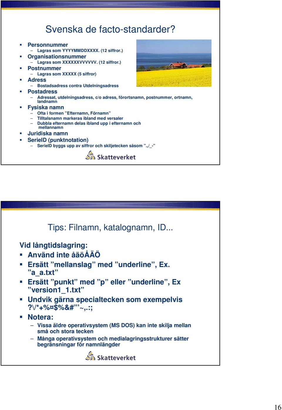 ) Postnummer Lagras som XXXXX (5 siffror) Adress Bostadsadress contra Utdelningsadress Postadress Adressat, utdelningsadress, c/o adress, förortsnamn, postnummer, ortnamn, landnamn Fysiska namn Ofta