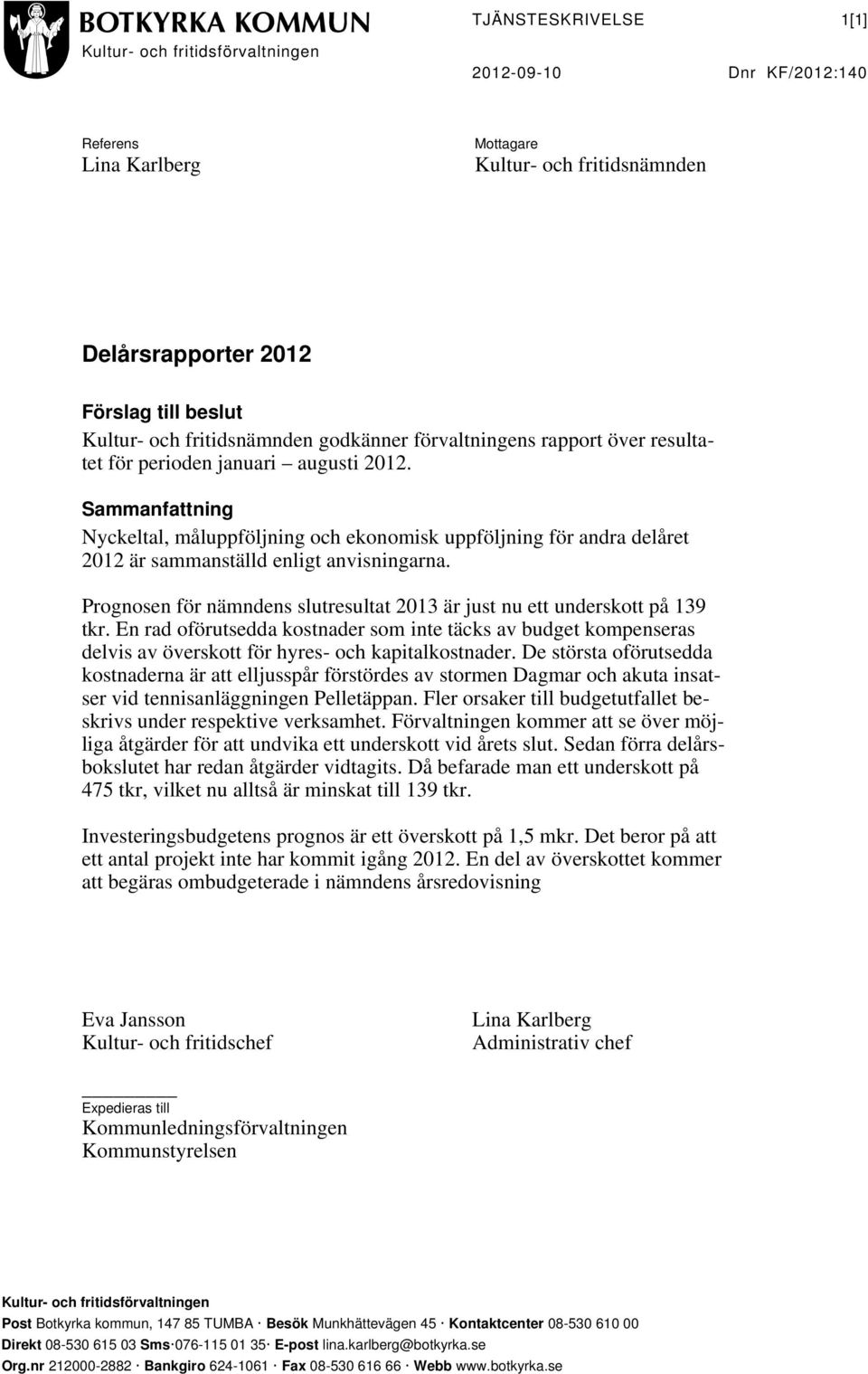 en för nämndens slutresultat 2013 är just nu ett underskott på 139 tkr. En rad oförutsedda kostnader som inte täcks av budget kompenseras delvis av överskott för hyres- och kapitalkostnader.