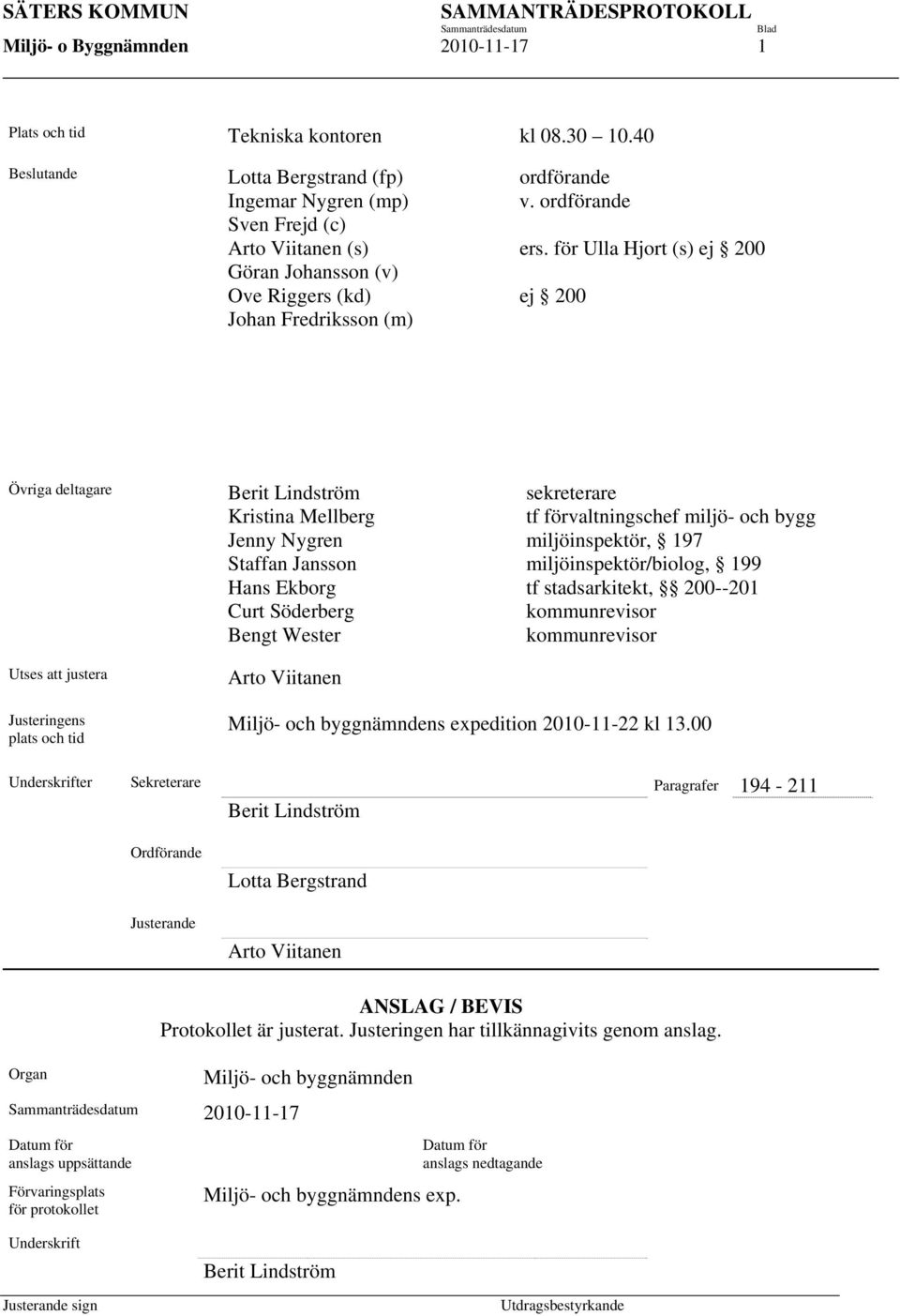 Nygren miljöinspektör, 197 Staffan Jansson miljöinspektör/biolog, 199 Hans Ekborg tf stadsarkitekt, 200--201 Curt Söderberg kommunrevisor Bengt Wester kommunrevisor Utses att justera Justeringens