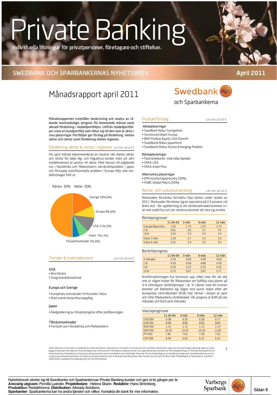 Fördelning aktier & räntor i regioner Läs mer på sid 3 För april månad rekommenderas en neutral vikt mellan aktier och räntor för både låg- och högaktiva kunder trots att vårt modellramverk är