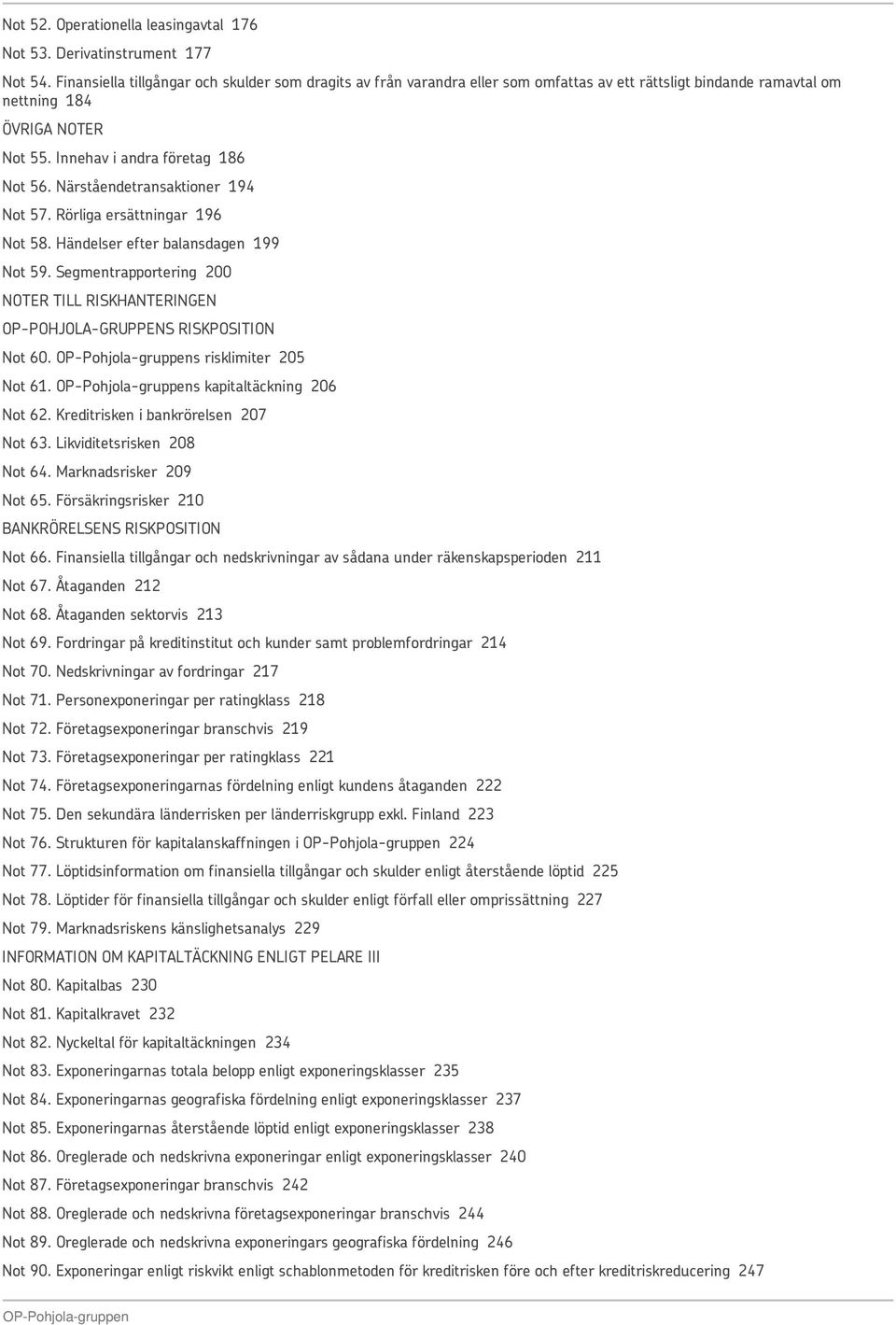 Närståendetransaktioner 194 Not 57. Rörliga ersättningar 196 Not 58. Händelser efter balansdagen 199 Not 59. Segmentrapportering 200 NOTER TILL RISKHANTERINGEN OP-POHJOLA-GRUPPENS RISKPOSITION Not 60.