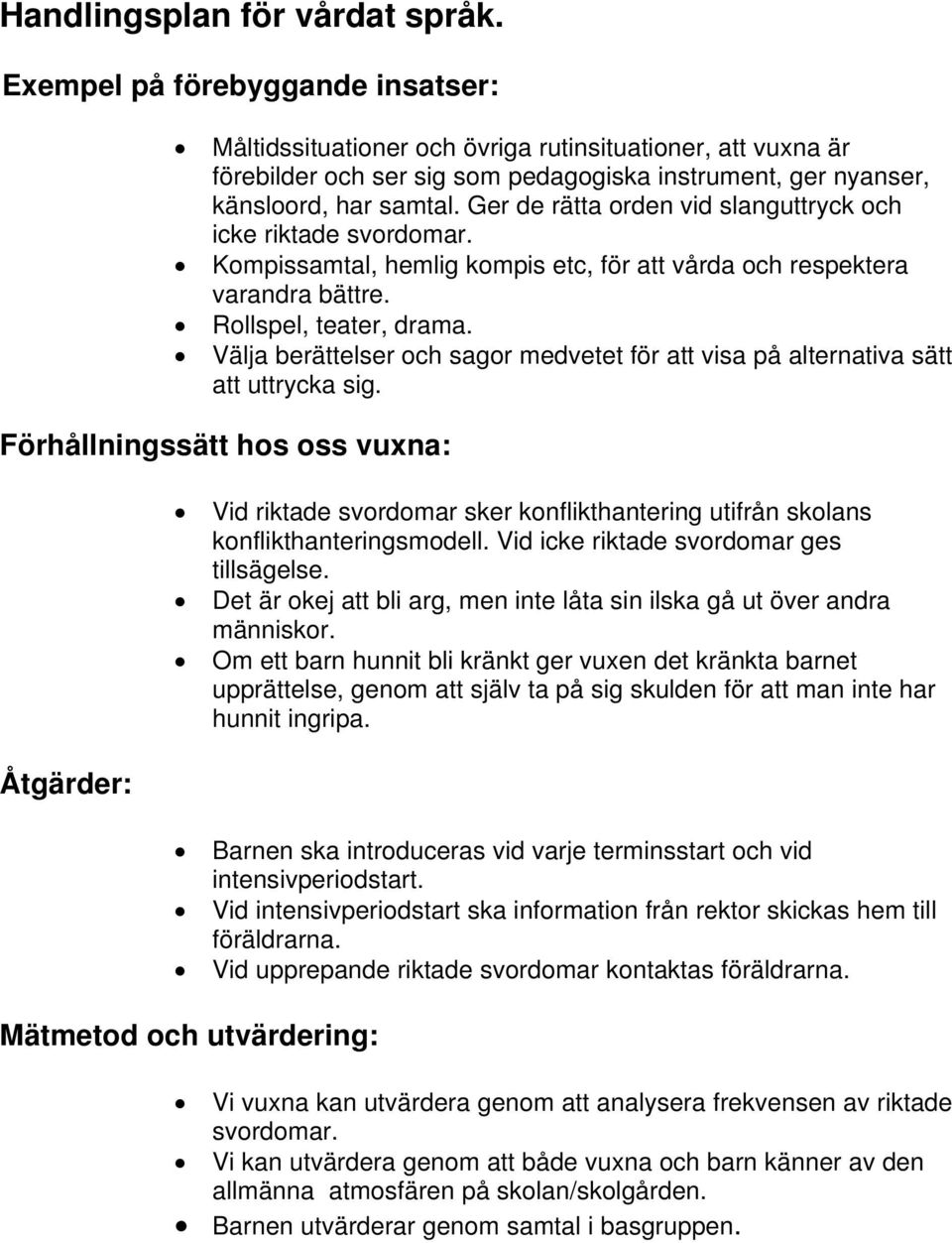 Ger de rätta orden vid slanguttryck och icke riktade svordomar. Kompissamtal, hemlig kompis etc, för att vårda och respektera varandra bättre. Rollspel, teater, drama.