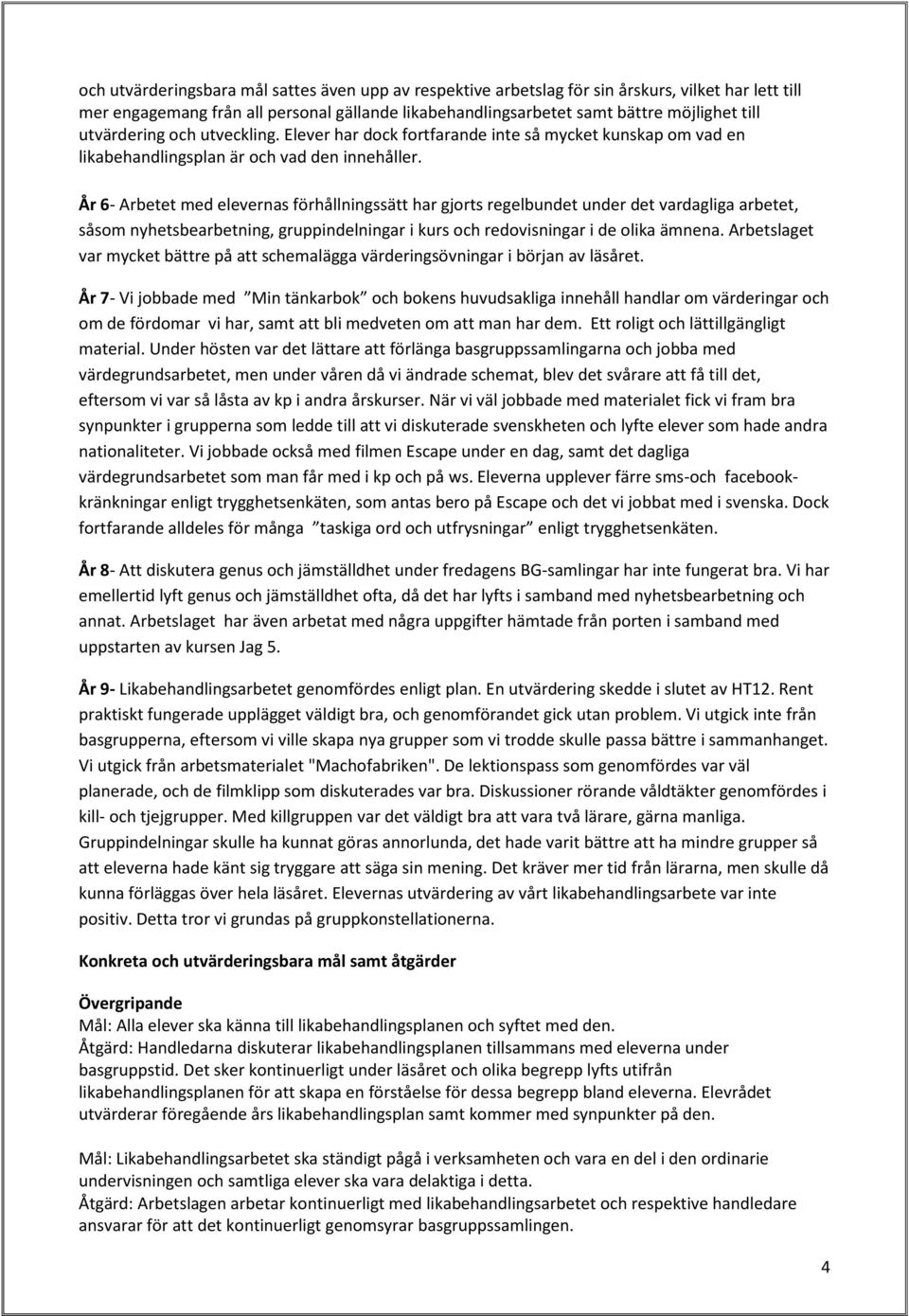 År 6- Arbetet med elevernas förhållningssätt har gjorts regelbundet under det vardagliga arbetet, såsom nyhetsbearbetning, gruppindelningar i kurs och redovisningar i de olika ämnena.